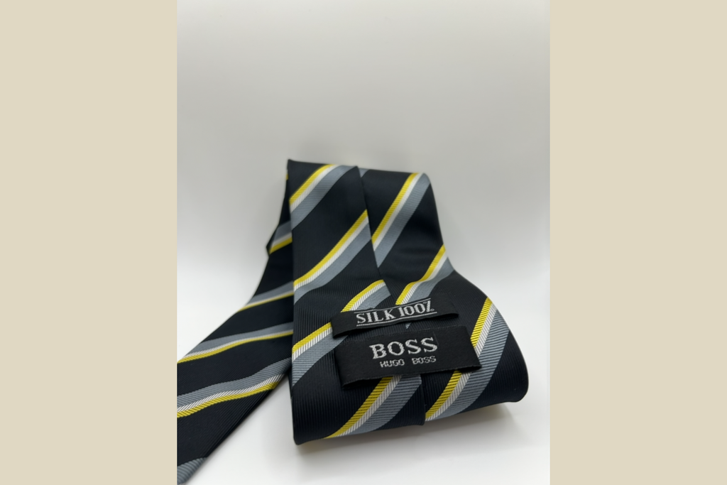 Hugo Boss Silkeslips - Sort med Gul/Grå Striber (Genskabt)